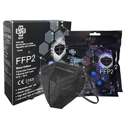 QZY Máscara FFP2 Black [Black Edition] Caja 10 piezas Certificado CE con elásticos y clip nasal adaptable 5 capas de filtración