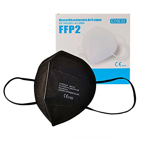 EDIESI Mascarilla FFP2 Homologada 5 capas Protección Respiratoria pack 10 unidades Negro CE 2163 EN 149:2001+A1:2009