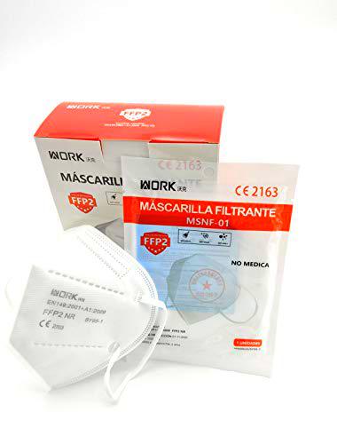 work 10 Mascarillas FFP2 Homologadas Certificadas CE2163 blancas FFP2 (hasta 24 horas) Embolsado individual resistente, duradero.