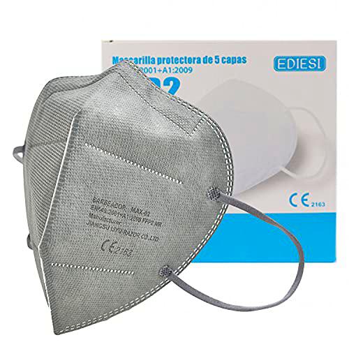 EDIESI Mascarilla FFP2 Homologada 5 capas Protección Respiratoria pack 10 unidades Gris CE 2163 EN 149:2001+A1:2009