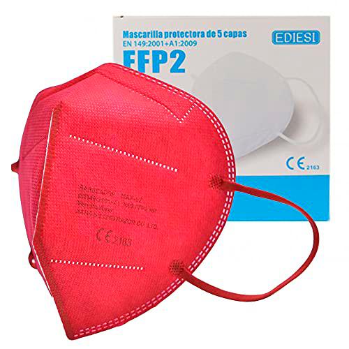 EDIESI Mascarilla FFP2 Homologada 5 capas Protección Respiratoria pack 10 unidades Rojo Granate CE 2163 EN 149:2001+A1:2009