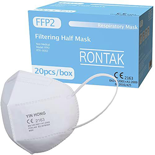 Rontak Mascarilla FFP2 | 5 Capas | Talla Única | Mascaras Protectoras Desechables | Transpirables y Plegables (20 Unidades, Blanco)