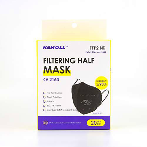 Keholl Black Masks Ffp2 NR, Pack de 20 unidades de 5 capas con embalaje individual