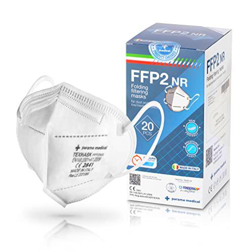 Mascarillas FFP2 NR 100% Made in Italy Certificación CE 2841 Filtración ≥ 95% Filtro Multicapa Uso Personal Mascarillas Facial Protección (20 Unidades, Blanco)