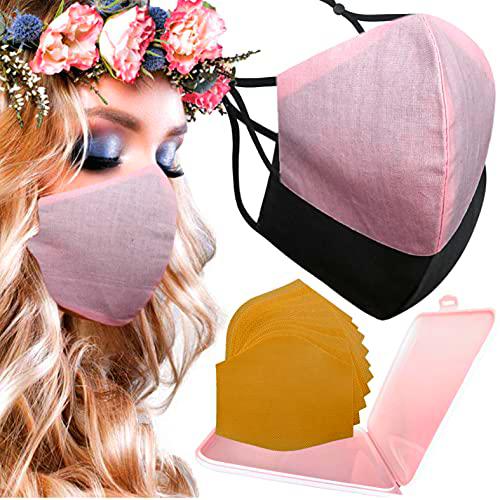 Cussi - Mascarilla Mascarillas de Tela Rosa Negra 100% Algodón Higiénica Homologada Reutilizable Lavable Certificada BFE 99% Pack 2 Mascarillas Filtros extra 1x Estuche para Mascarillas