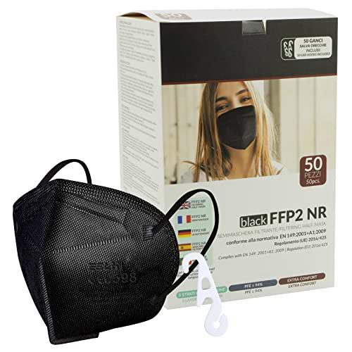 ESLH 50 Mascarillas Negras FFP2 certificadas CE 0598 | Mascarilla Negra FFP2 50 Piezas selladas individualmente 5 Capas protectoras PFE ≥ 94% con 50 Ganchos Protector auditivo