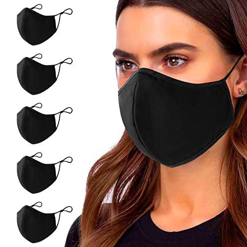 ANSTA Máscara de tela 5 piezas Lavables Mascarillas Faciales de Algodón Mujeres Hombres Máscara de tela Lavable Tela Reutilizable Unisex Ajustable Anti-polvo Confort Negro