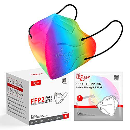 KKmier Mascarillas FFP2 Homologadas 40 Pcs, Mascarillas ffp2 [Certificada CE 2834] con Pendientes Elásticos y Clip Nariz Adaptable