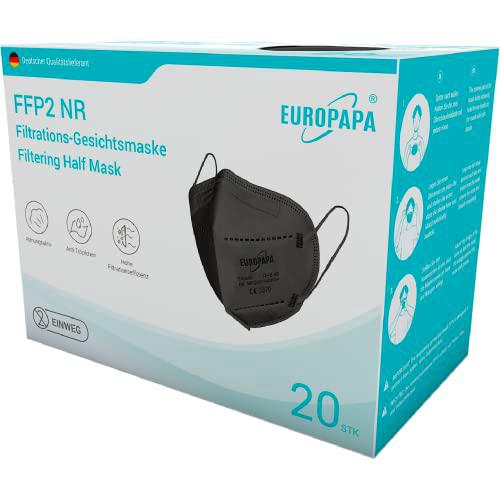 EUROPAPA® 20x FFP2 zwart Masker 5-laags gezichtsmasker CE lichaamsgecertificeerde ademhalingstoestellen hygiënisch individuele verpakking EU 2016/425