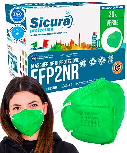 20 Mascarillas FFP2 Homologadas verdes fabricadas en Italia