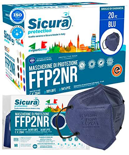 20 mascarillas FFP2 certificadas CE AZUL con elásticos negros SICURA BFE ≥99% Fabricado en Italia SANITIZADO y sellado individualmente