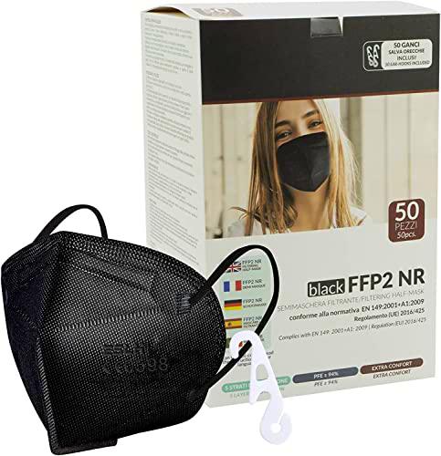 general merchandising 50 Mascarillas Negras FFP2 certificadas CE 0598 | Mascarilla Negra FFP2 50 Piezas selladas individualmente 5 Capas protectoras PFE ≥ 94% con 50 Ganchos Protector auditivo…