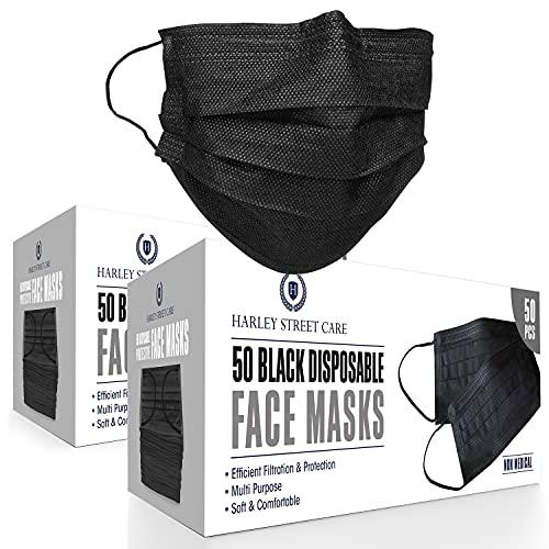 H HARLEY STREET CARE Mascarillas negras desechables protectoras de 3 capas transpirables de triple capa con orejeras elásticas (paquete de 100)