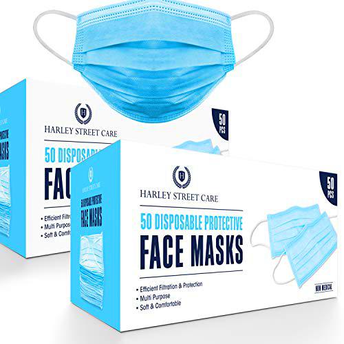 H HARLEY STREET CARE Mascarillas azules desechables protectoras de 3 capas transpirables de triple capa con orejeras elásticas (paquete de 100)