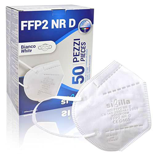 SIBILLA 50 Piezas Mascarillas FFP2 NR D Blancas de 5 capas MADE IN ITALY con certificación CE0465 Mascarilla FFP2 de alta protección respiratoria variados Adecuada para el verano